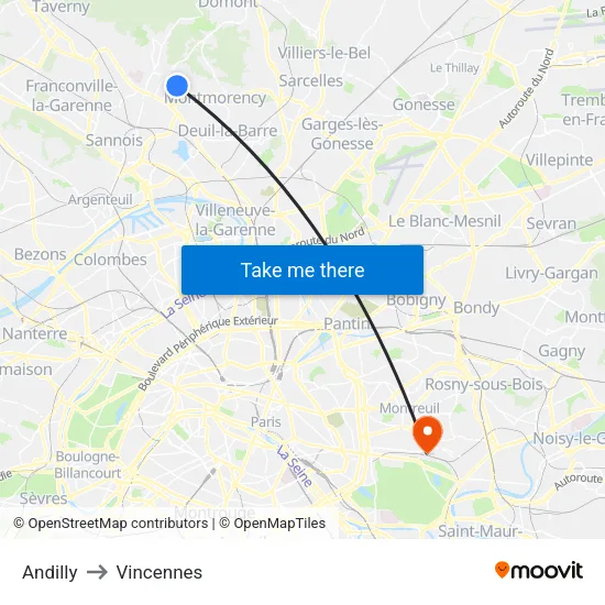 Andilly to Vincennes map