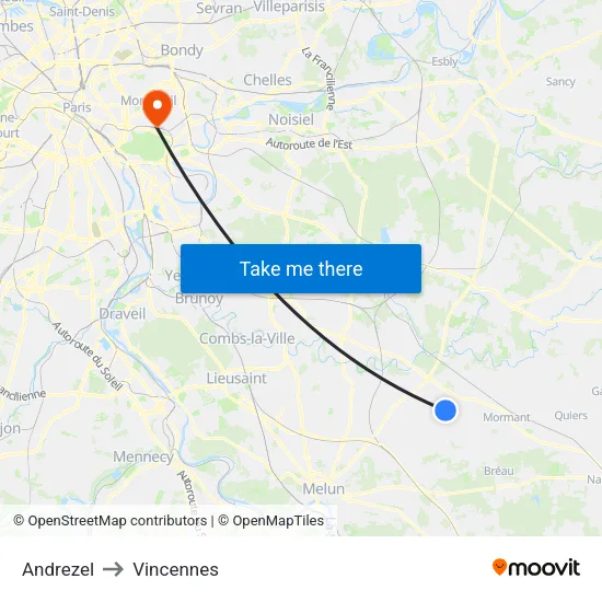 Andrezel to Vincennes map