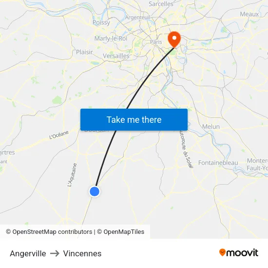 Angerville to Vincennes map
