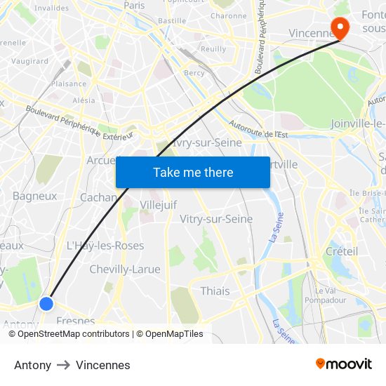 Antony to Vincennes map