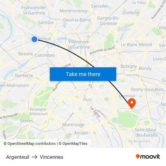 Argenteuil to Vincennes map