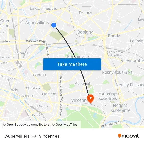 Aubervilliers to Vincennes map