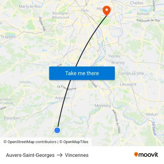 Auvers-Saint-Georges to Vincennes map