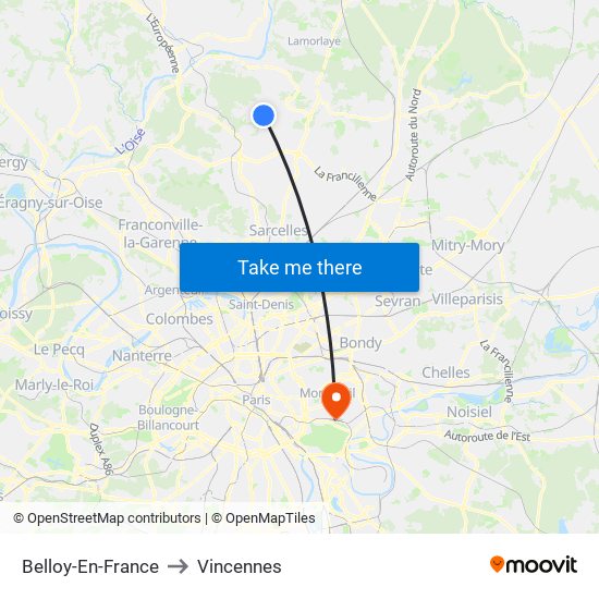 Belloy-En-France to Vincennes map