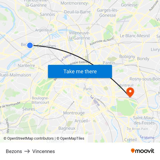 Bezons to Vincennes map