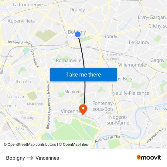 Bobigny to Vincennes map
