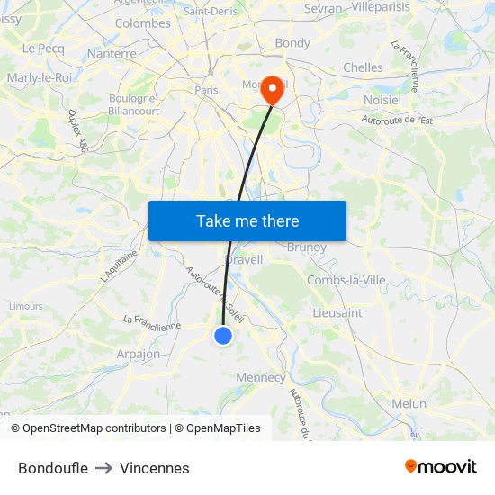Bondoufle to Vincennes map