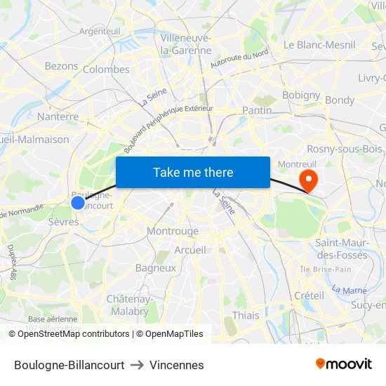 Boulogne-Billancourt to Vincennes map