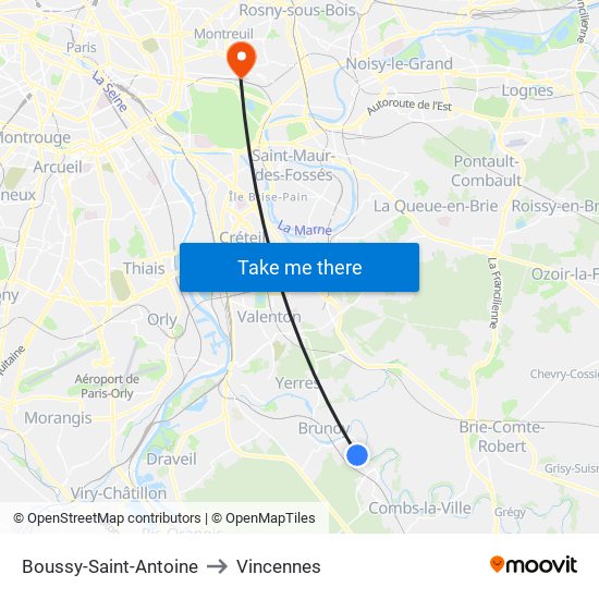 Boussy-Saint-Antoine to Vincennes map