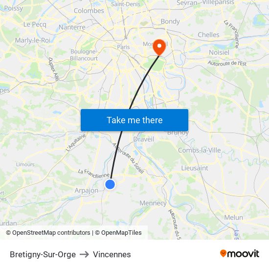 Bretigny-Sur-Orge to Vincennes map