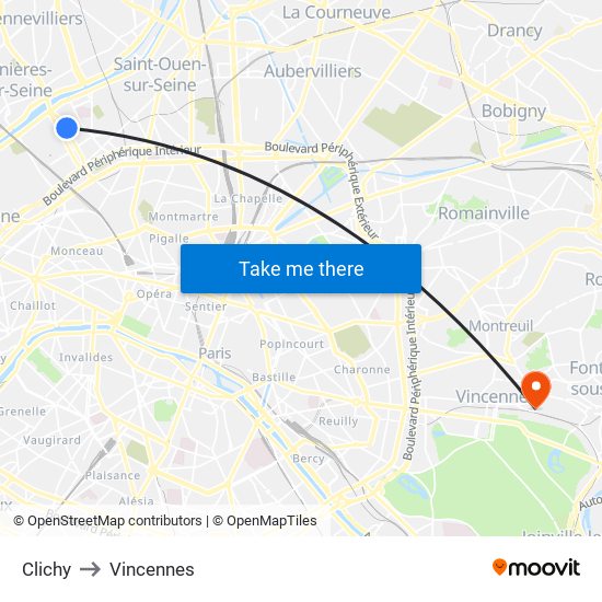 Clichy to Vincennes map