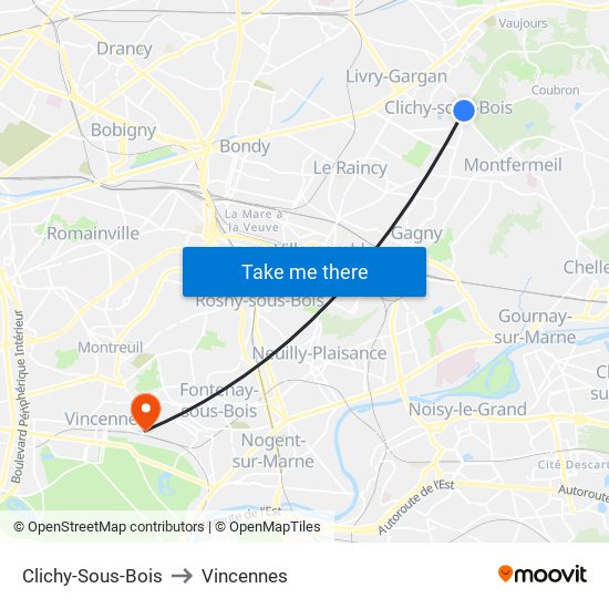 Clichy-Sous-Bois to Vincennes map