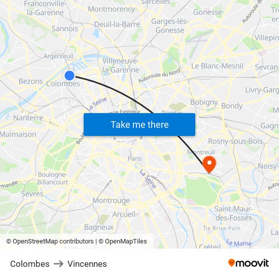 Colombes to Vincennes map
