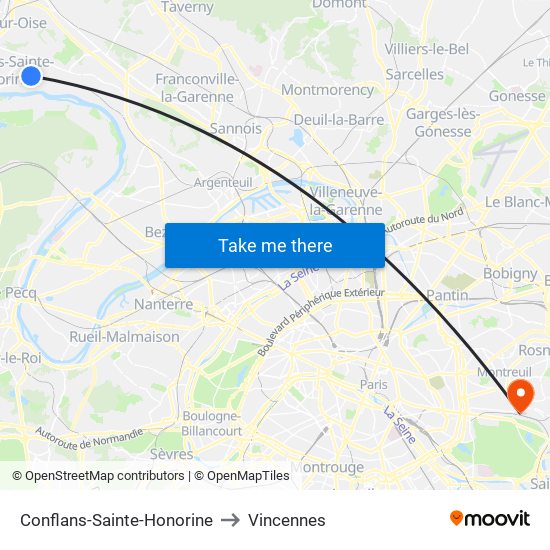 Conflans-Sainte-Honorine to Vincennes map