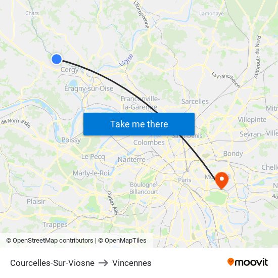 Courcelles-Sur-Viosne to Vincennes map