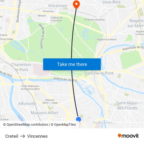 Creteil to Vincennes map