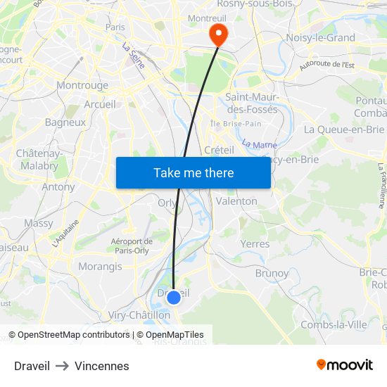 Draveil to Vincennes map