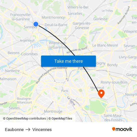 Eaubonne to Vincennes map