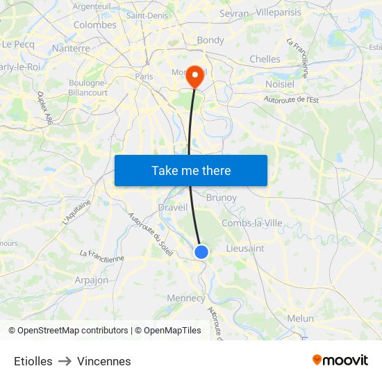 Etiolles to Vincennes map