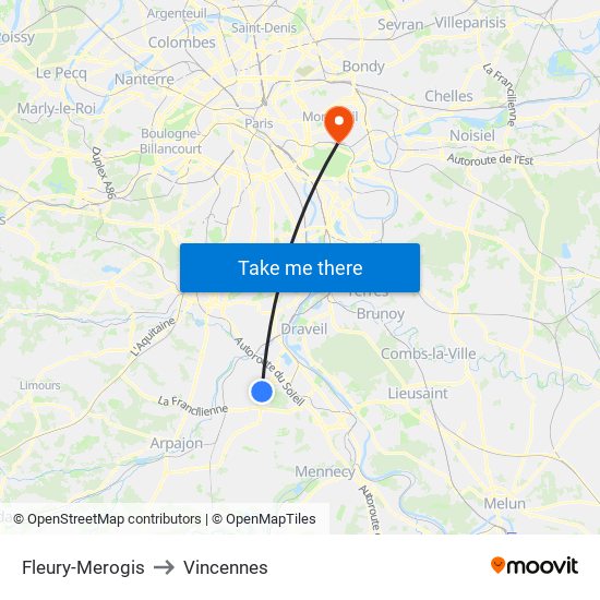 Fleury-Merogis to Vincennes map