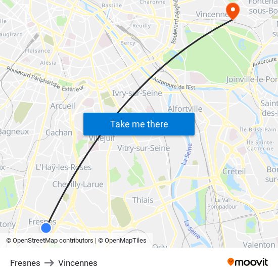 Fresnes to Vincennes map