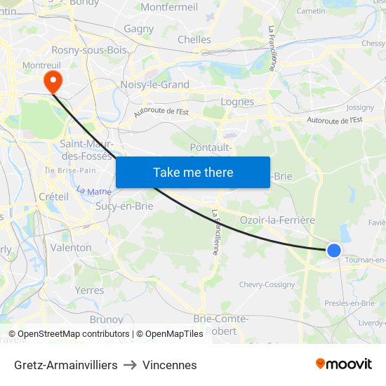 Gretz-Armainvilliers to Vincennes map