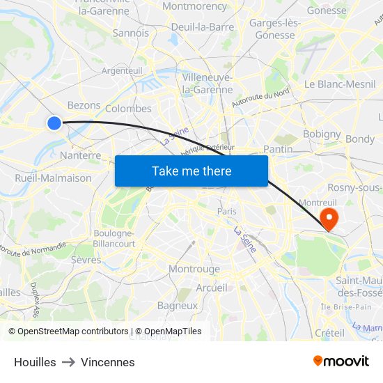 Houilles to Vincennes map