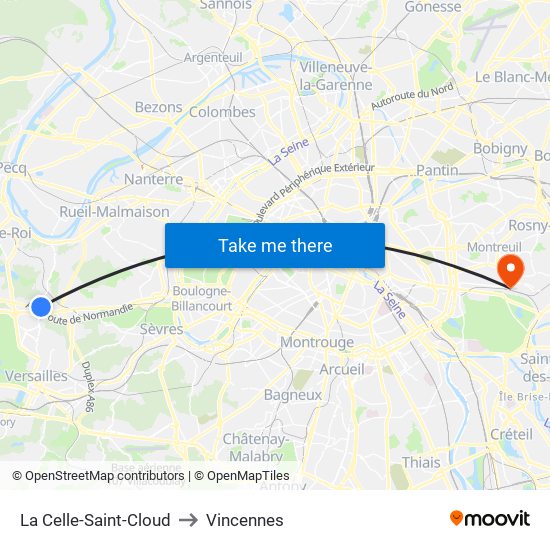 La Celle-Saint-Cloud to Vincennes map