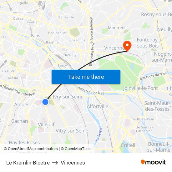 Le Kremlin-Bicetre to Vincennes map