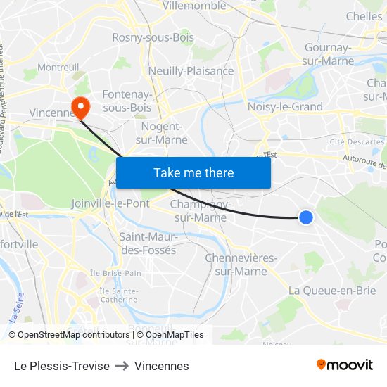Le Plessis-Trevise to Vincennes map