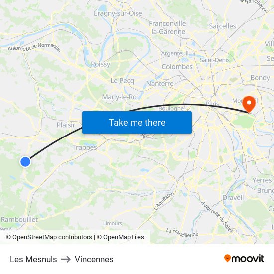 Les Mesnuls to Vincennes map