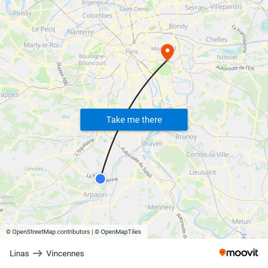 Linas to Vincennes map