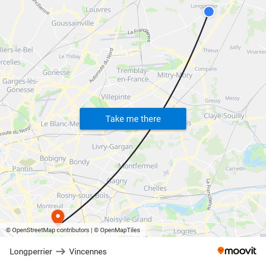 Longperrier to Vincennes map