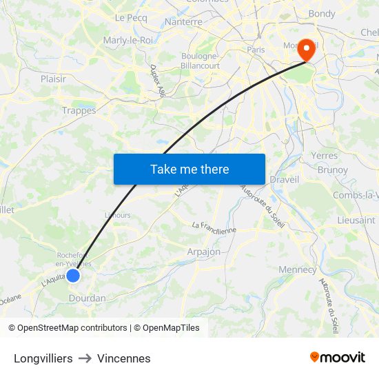 Longvilliers to Vincennes map