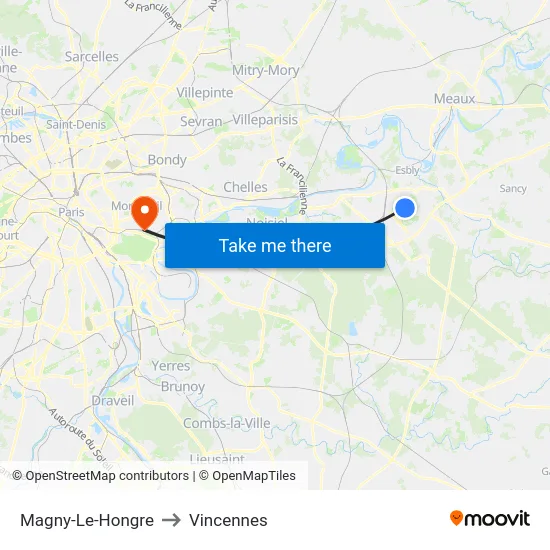 Magny-Le-Hongre to Vincennes map