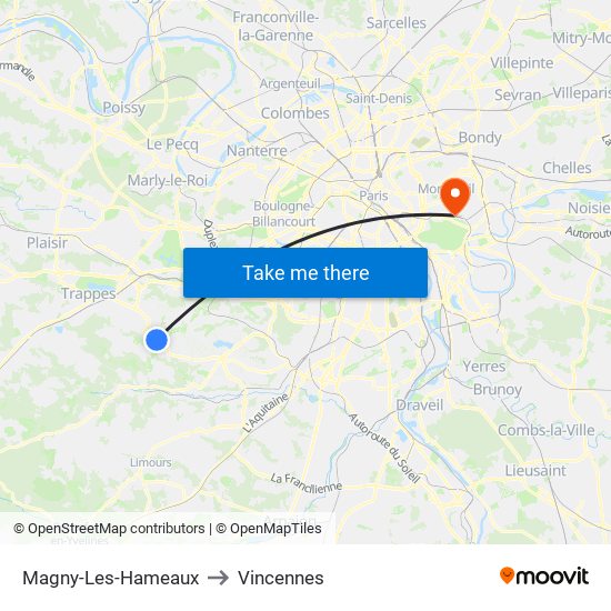 Magny-Les-Hameaux to Vincennes map