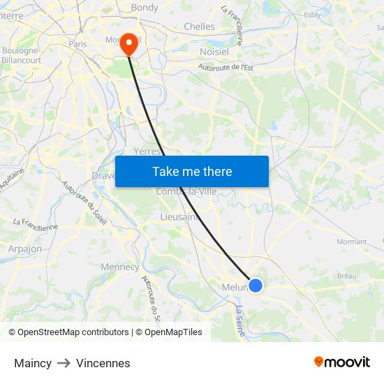 Maincy to Vincennes map