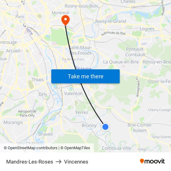 Mandres-Les-Roses to Vincennes map