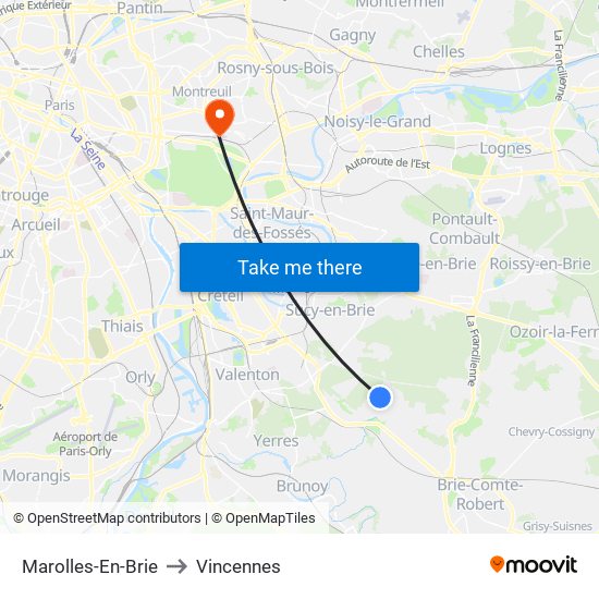 Marolles-En-Brie to Vincennes map