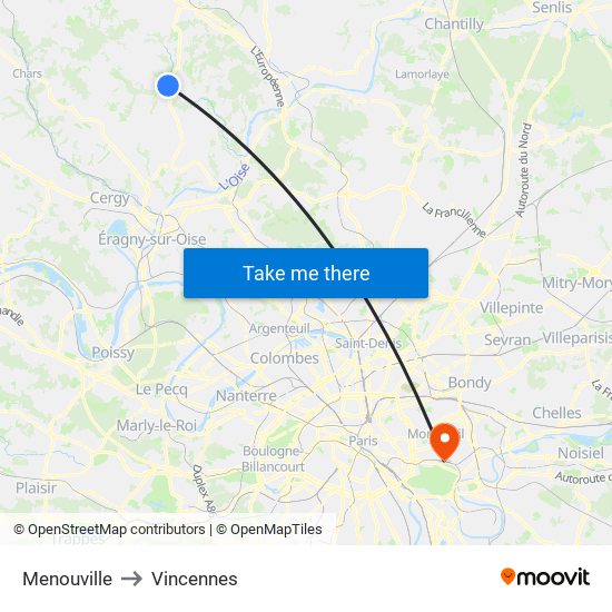 Menouville to Vincennes map