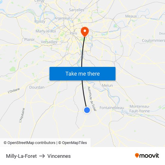 Milly-La-Foret to Vincennes map