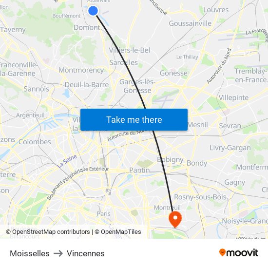 Moisselles to Vincennes map