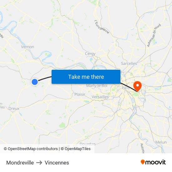 Mondreville to Vincennes map
