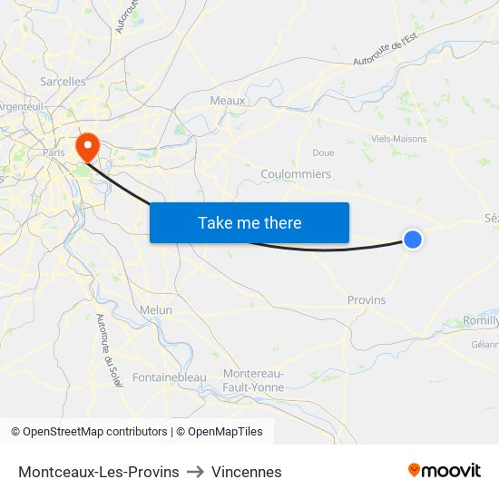 Montceaux-Les-Provins to Vincennes map