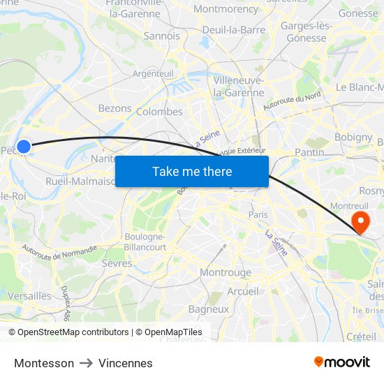 Montesson to Vincennes map