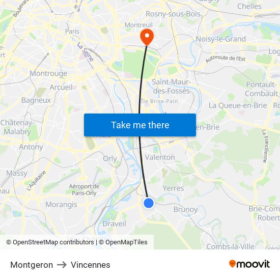 Montgeron to Vincennes map