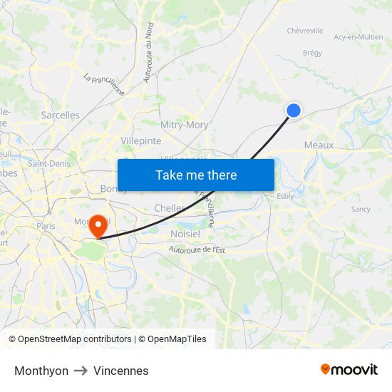 Monthyon to Vincennes map