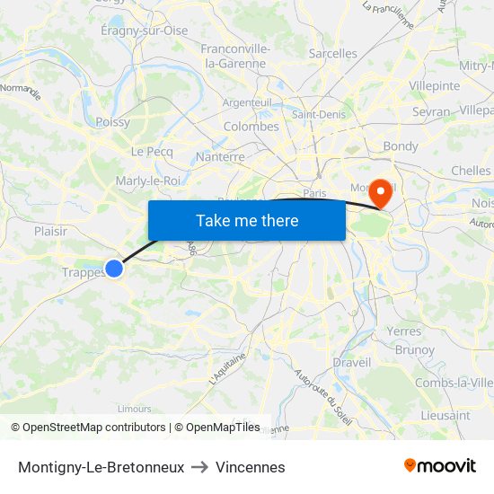 Montigny-Le-Bretonneux to Vincennes map