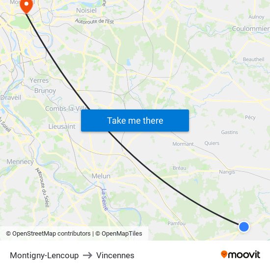 Montigny-Lencoup to Vincennes map