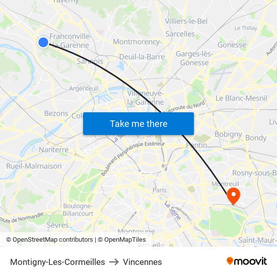 Montigny-Les-Cormeilles to Vincennes map